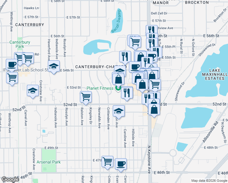 map of restaurants, bars, coffee shops, grocery stores, and more near 5245 Evanston Avenue in Indianapolis