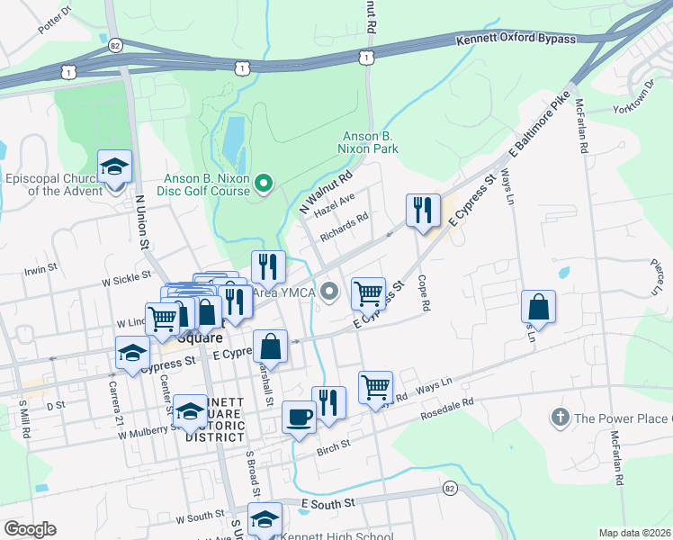 map of restaurants, bars, coffee shops, grocery stores, and more near 100 South Walnut Street in Kennett Square
