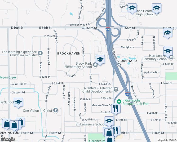 map of restaurants, bars, coffee shops, grocery stores, and more near 5258 David Street in Indianapolis