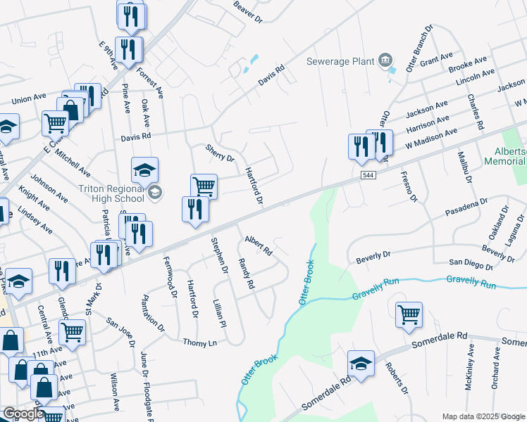map of restaurants, bars, coffee shops, grocery stores, and more near E Evesham Rd & Hartford Dr in Gloucester Township