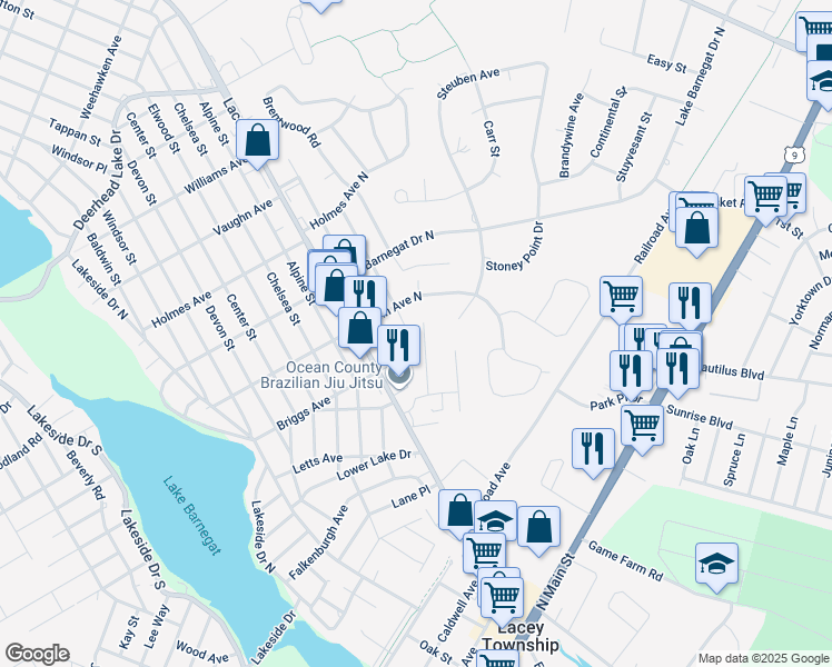 map of restaurants, bars, coffee shops, grocery stores, and more near 330 Eleanor Road in Lacey Township