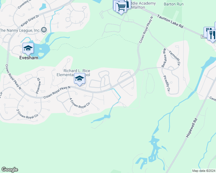 map of restaurants, bars, coffee shops, grocery stores, and more near 20 Provincetown Drive in Evesham