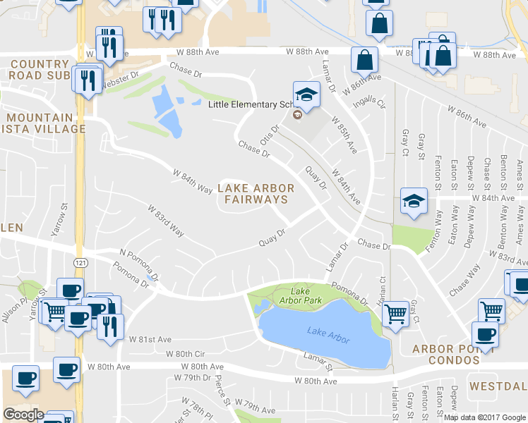 map of restaurants, bars, coffee shops, grocery stores, and more near 6560 West 84th Circle in Arvada