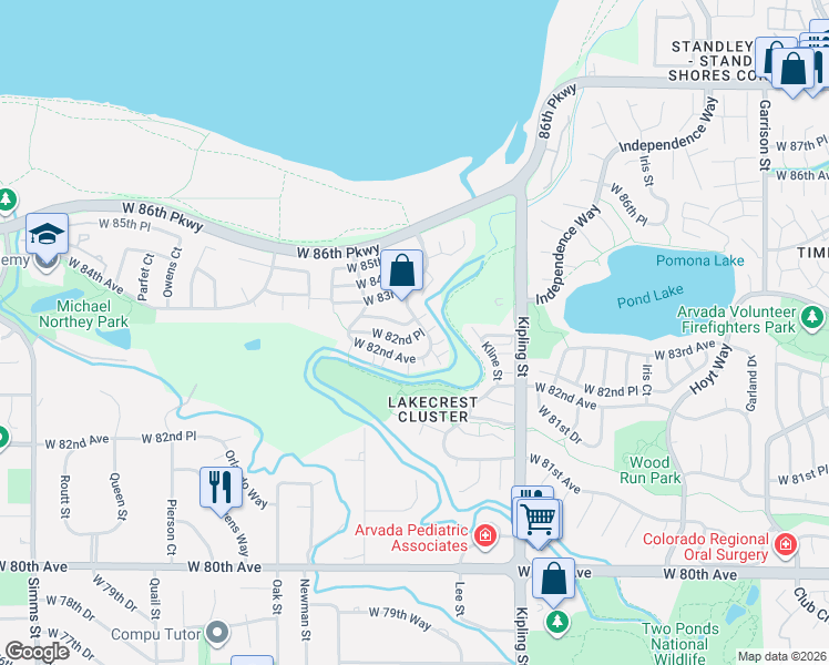 map of restaurants, bars, coffee shops, grocery stores, and more near 10435 West 82nd Place in Arvada