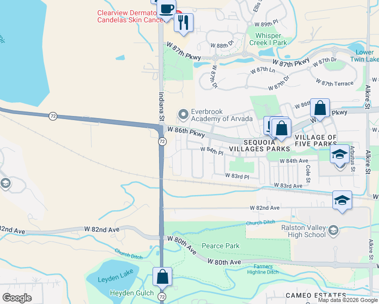 map of restaurants, bars, coffee shops, grocery stores, and more near 8394 Holman Street in Arvada