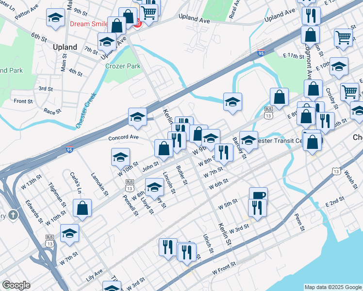 map of restaurants, bars, coffee shops, grocery stores, and more near 922 Kerlin Street in Chester