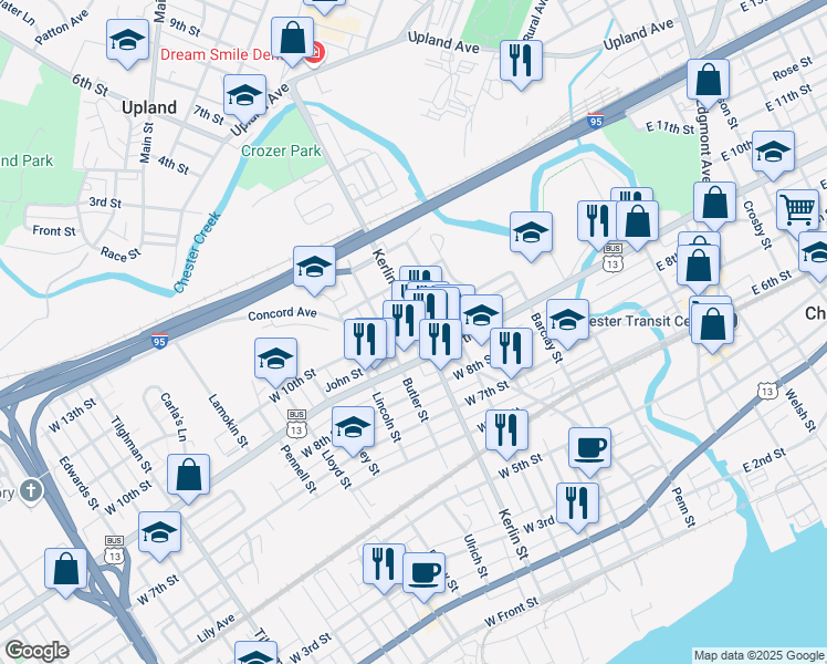 map of restaurants, bars, coffee shops, grocery stores, and more near 922 Kerlin Street in Chester