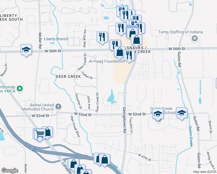map of restaurants, bars, coffee shops, grocery stores, and more near 5360 Georgetown Road in Indianapolis