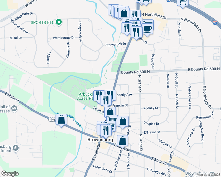map of restaurants, bars, coffee shops, grocery stores, and more near 326 North Green Street in Brownsburg