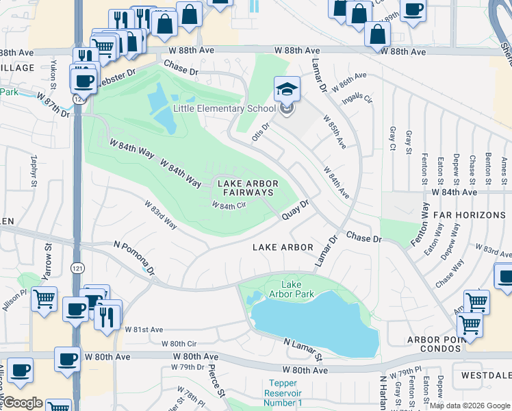 map of restaurants, bars, coffee shops, grocery stores, and more near 6560 West 84th Circle in Arvada