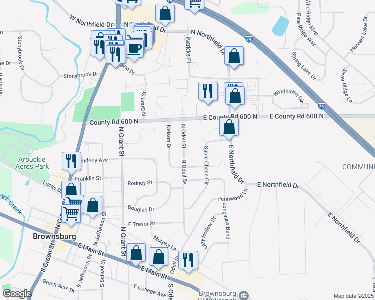 map of restaurants, bars, coffee shops, grocery stores, and more near 515 North Odell Street in Brownsburg