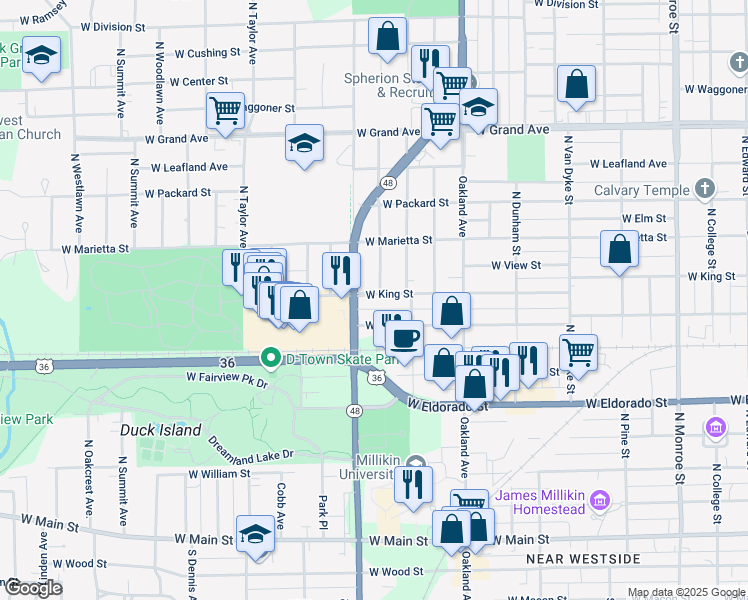 map of restaurants, bars, coffee shops, grocery stores, and more near 1269 West King Street in Decatur