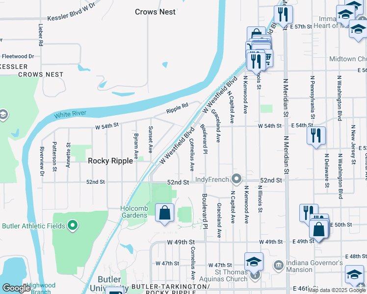 map of restaurants, bars, coffee shops, grocery stores, and more near 421 West Westfield Boulevard in Indianapolis