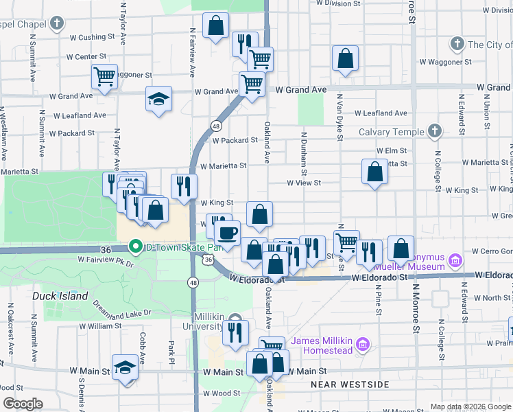 map of restaurants, bars, coffee shops, grocery stores, and more near 1139 West King Street in Decatur
