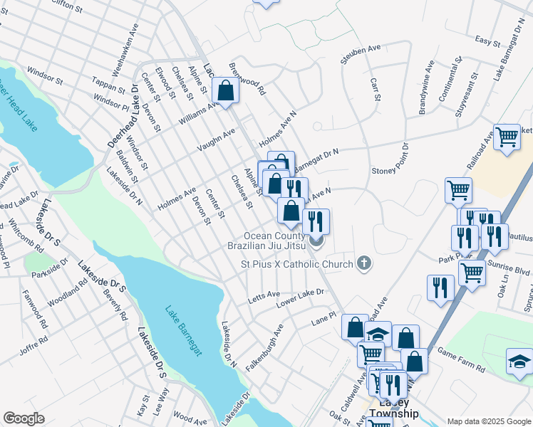 map of restaurants, bars, coffee shops, grocery stores, and more near 421 Alpine Street in Lacey Township