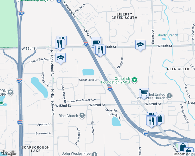 map of restaurants, bars, coffee shops, grocery stores, and more near 5378 Lakeside Manor Drive in Indianapolis