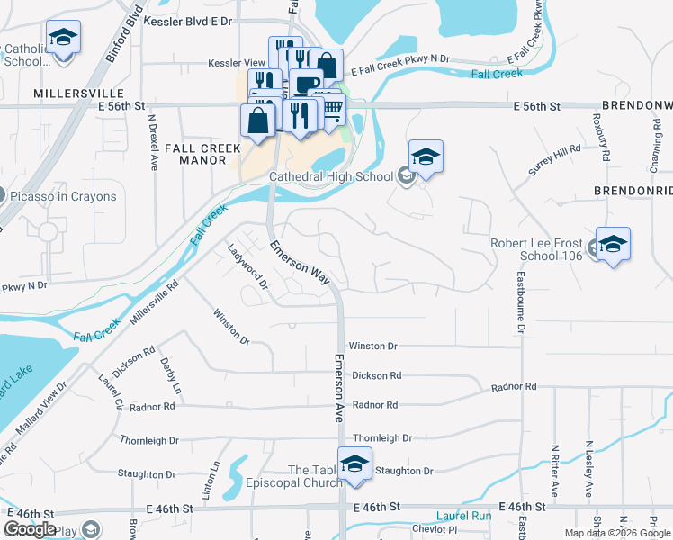 map of restaurants, bars, coffee shops, grocery stores, and more near 5241 Whisperwood Lane in Indianapolis