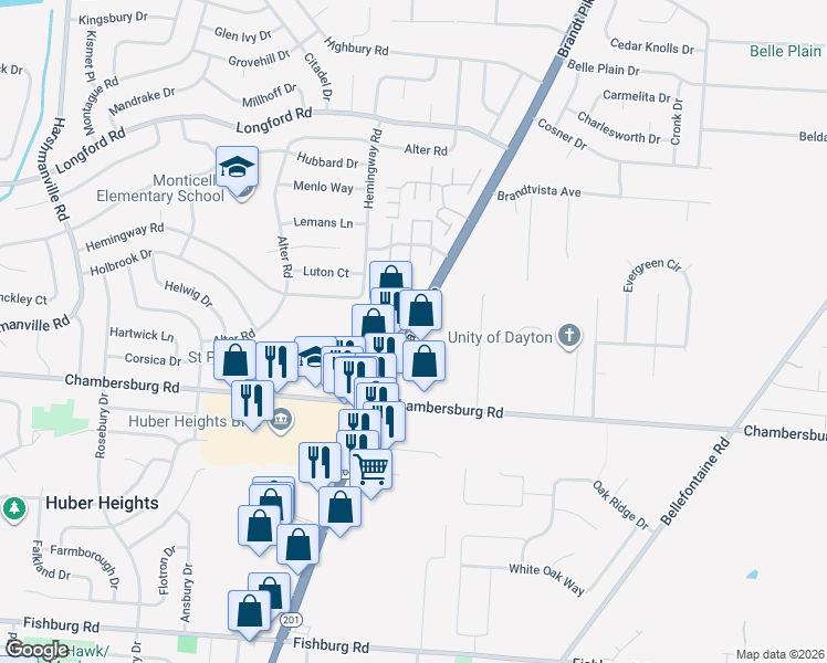 map of restaurants, bars, coffee shops, grocery stores, and more near 6220 Brandt Pike in Huber Heights