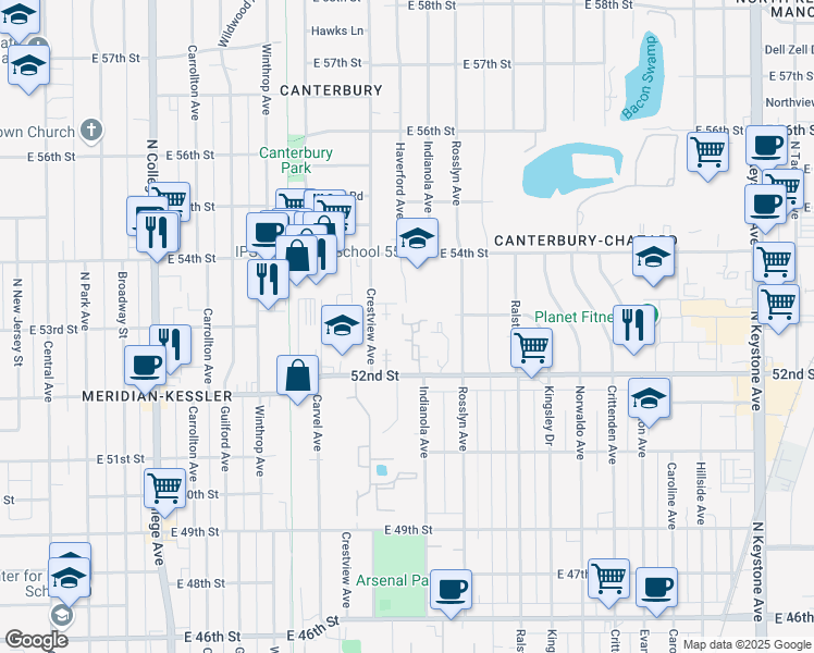 map of restaurants, bars, coffee shops, grocery stores, and more near 5234 Luzzane Drive in Indianapolis