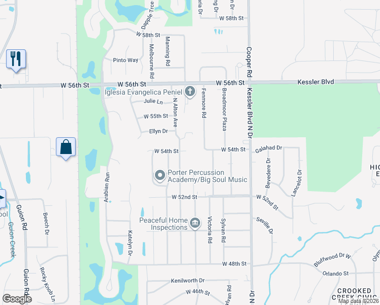 map of restaurants, bars, coffee shops, grocery stores, and more near 3339 West 54th Street in Indianapolis