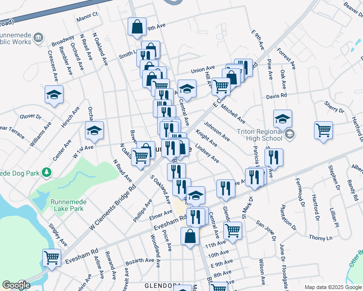map of restaurants, bars, coffee shops, grocery stores, and more near 10 East Clements Bridge Road in Runnemede