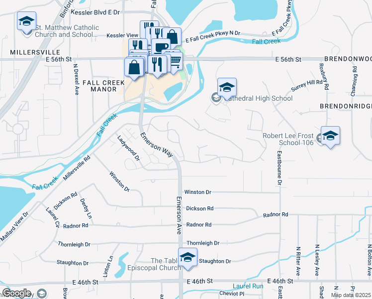 map of restaurants, bars, coffee shops, grocery stores, and more near 5241 Whisperwood Ln in Indianapolis