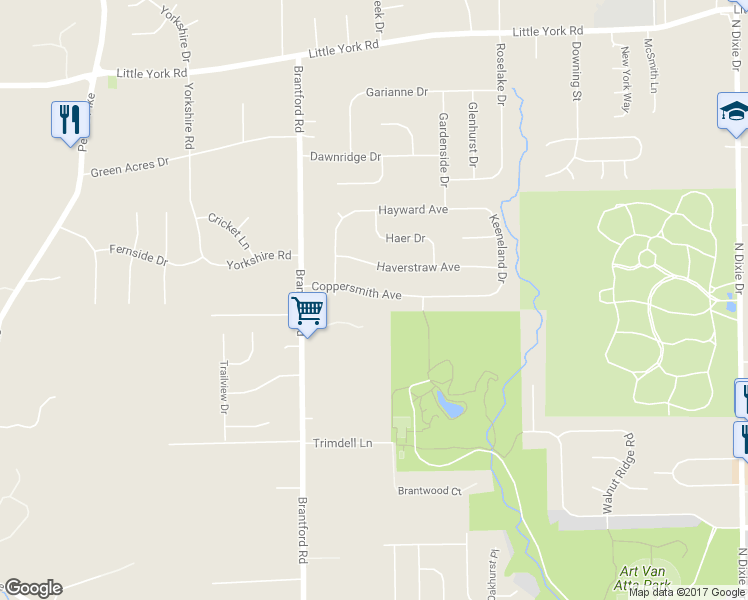 map of restaurants, bars, coffee shops, grocery stores, and more near 2636 Coppersmith Avenue in Dayton