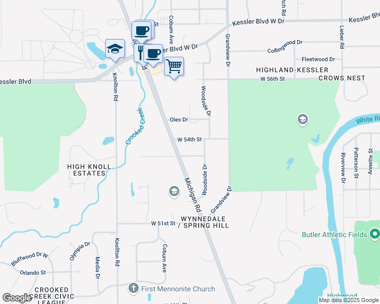 map of restaurants, bars, coffee shops, grocery stores, and more near 1720 West 53rd Street in Indianapolis