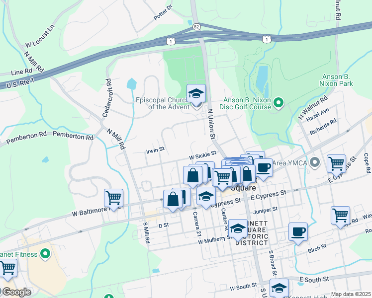 map of restaurants, bars, coffee shops, grocery stores, and more near 201 West Sickle Street in Kennett Square