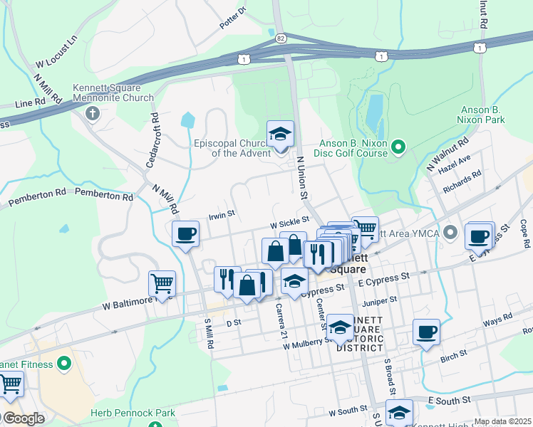 map of restaurants, bars, coffee shops, grocery stores, and more near 201 West Sickle Street in Kennett Square