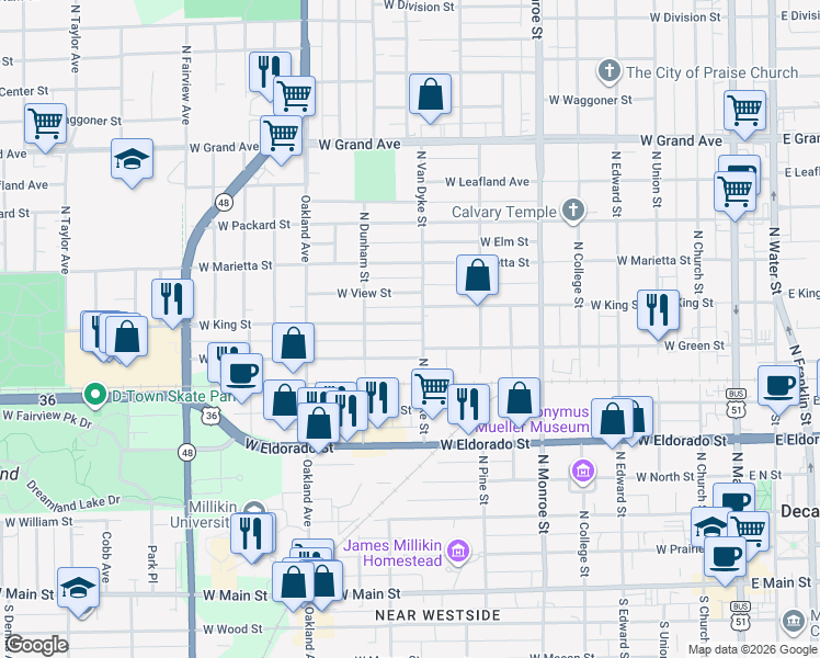 map of restaurants, bars, coffee shops, grocery stores, and more near 901-999 W King St in Decatur