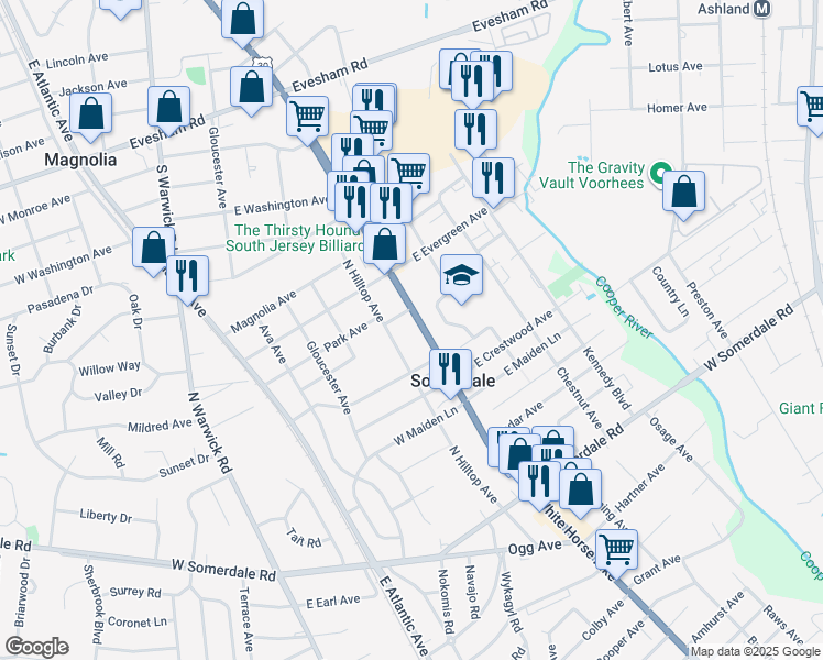 map of restaurants, bars, coffee shops, grocery stores, and more near 411 North White Horse Pike in Somerdale