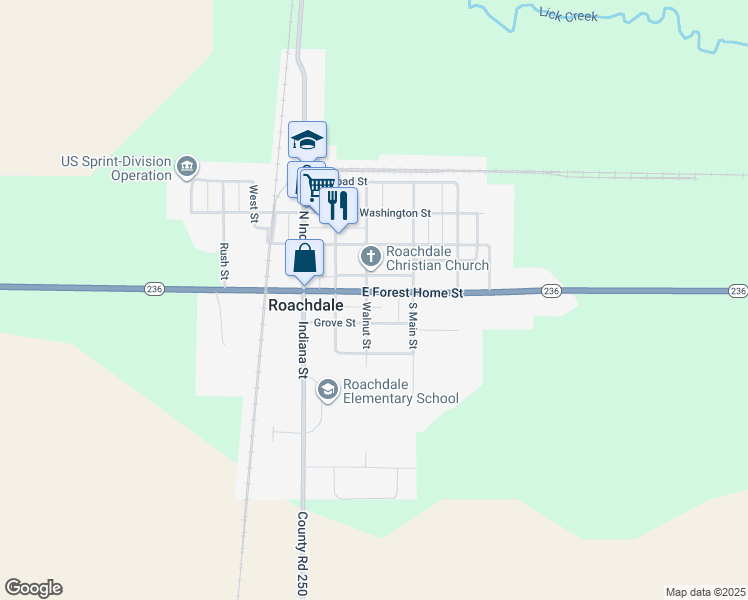 map of restaurants, bars, coffee shops, grocery stores, and more near 203 East Forest Home Street in Roachdale