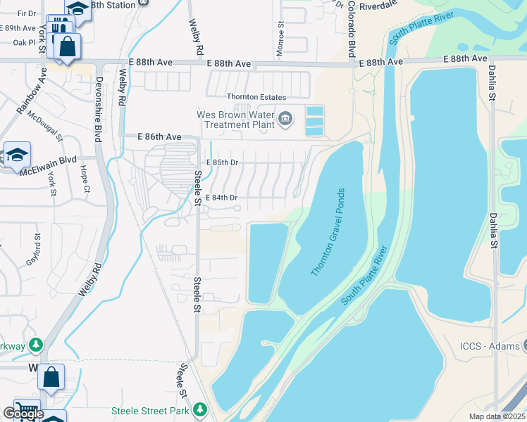 map of restaurants, bars, coffee shops, grocery stores, and more near 8361 Garfield Circle in Denver