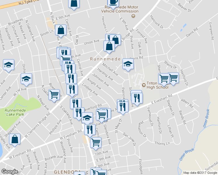 map of restaurants, bars, coffee shops, grocery stores, and more near 91 Johnson Avenue in Runnemede