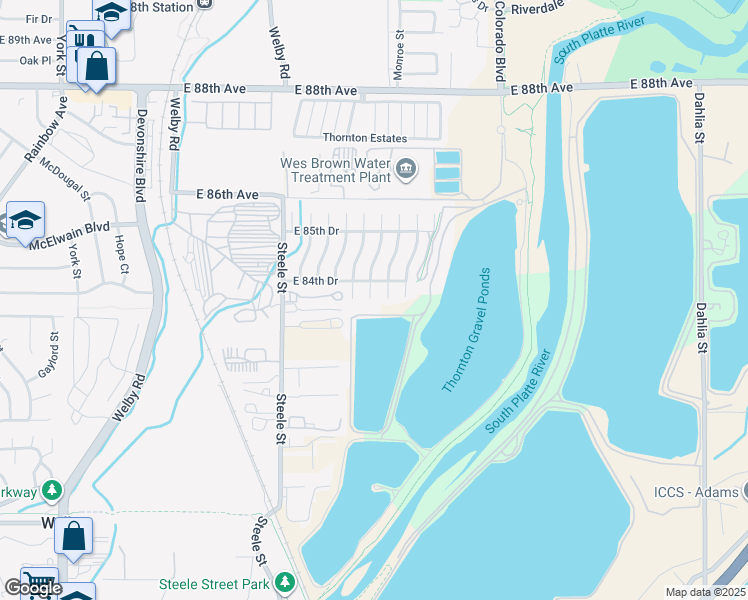 map of restaurants, bars, coffee shops, grocery stores, and more near 8361 Garfield Circle in Denver