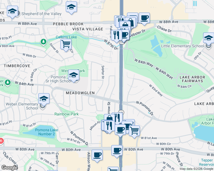 map of restaurants, bars, coffee shops, grocery stores, and more near 8397 Yarrow Court in Arvada