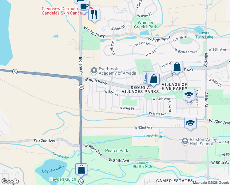 map of restaurants, bars, coffee shops, grocery stores, and more near 14275 West 84th Place in Arvada