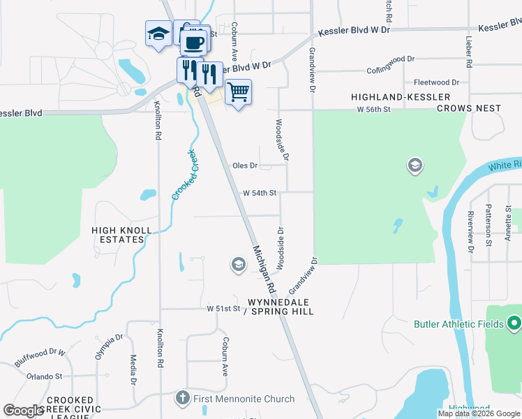map of restaurants, bars, coffee shops, grocery stores, and more near 1720 West 53rd Street in Indianapolis