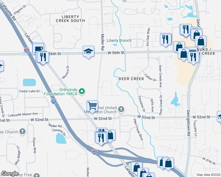 map of restaurants, bars, coffee shops, grocery stores, and more near 5352 Spring Creek Circle in Indianapolis