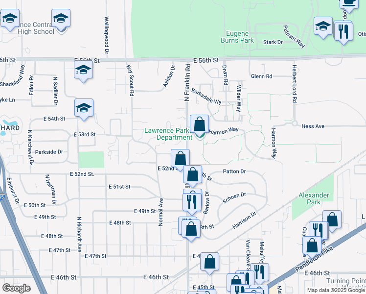 map of restaurants, bars, coffee shops, grocery stores, and more near 5230 North Franklin Road in Lawrence