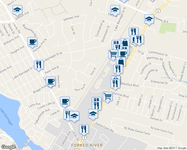 map of restaurants, bars, coffee shops, grocery stores, and more near 17 Penn Place in Lacey Township