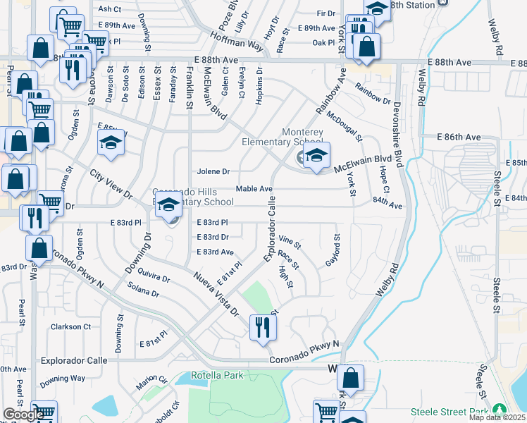 map of restaurants, bars, coffee shops, grocery stores, and more near 1940 East 84th Avenue in Denver