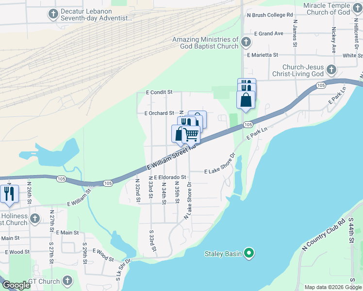 map of restaurants, bars, coffee shops, grocery stores, and more near 3599 East Wabash Avenue in Decatur