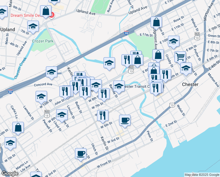 map of restaurants, bars, coffee shops, grocery stores, and more near 800 Barclay Street in Chester