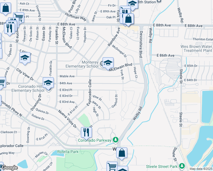 map of restaurants, bars, coffee shops, grocery stores, and more near 2200 East 84th Avenue in Denver
