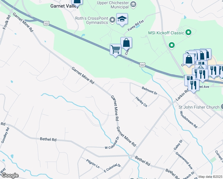 map of restaurants, bars, coffee shops, grocery stores, and more near 1656 Garnet Mine Road in Garnet Valley