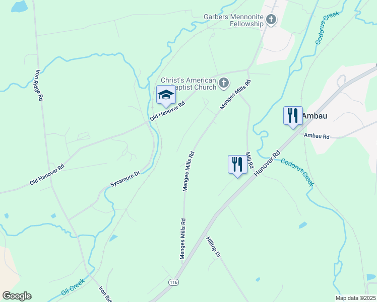 map of restaurants, bars, coffee shops, grocery stores, and more near 798 Menges Mills Road in Spring Grove