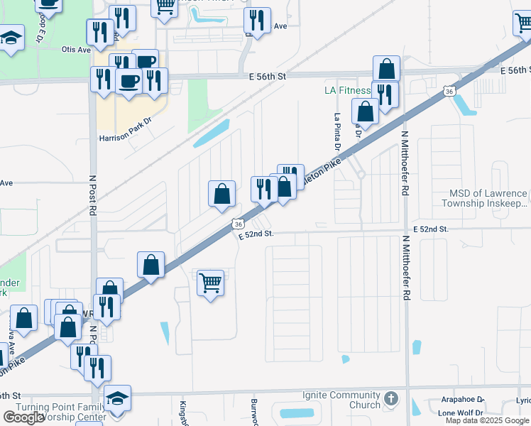 map of restaurants, bars, coffee shops, grocery stores, and more near 9535 Pendleton Pike in Indianapolis
