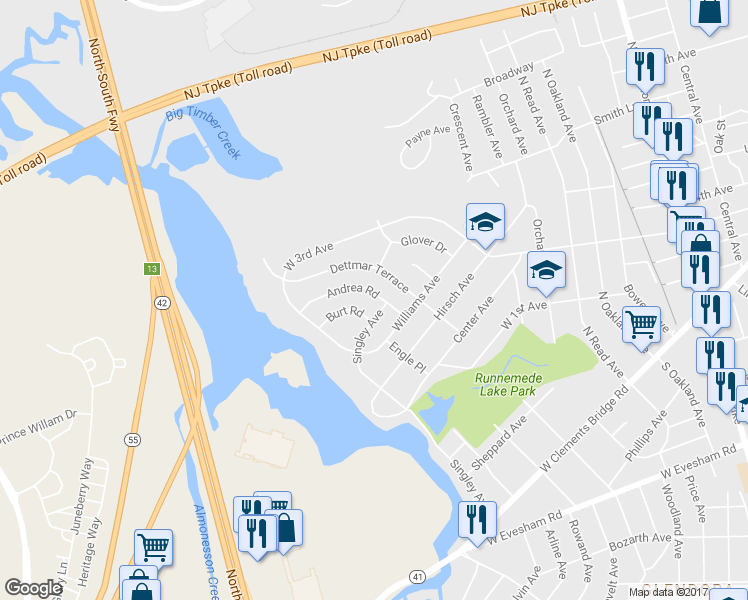 map of restaurants, bars, coffee shops, grocery stores, and more near 617 Andrea Road in Runnemede